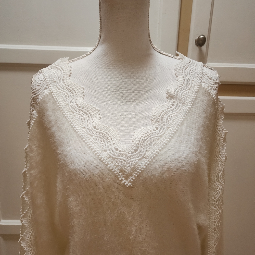 Sweet Lovely by Jen Elegant White Lace-Trimmed Sweater - Picture 2 of 9